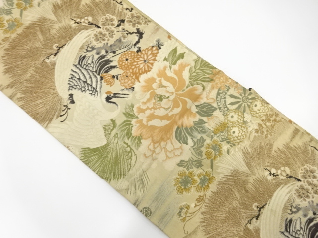 JAPANESE KIMONO / ANTIQUE MARU OBI / WOVEN CRANE WITH PEONY & UME